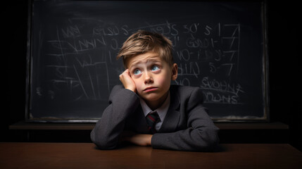 Tired schoolboy holding his head while sitting in school class against the backdrop of the blackboard. Created with Generative AI technology.