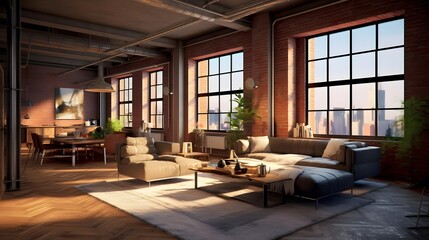 Fototapeta na wymiar modern living room with panoramic window view 3d render illustration
