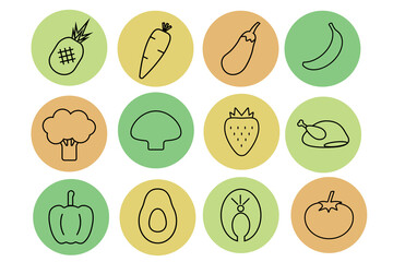 A set of icons of proper nutrition. Healthy vegan food. Diet. Vector graphics 