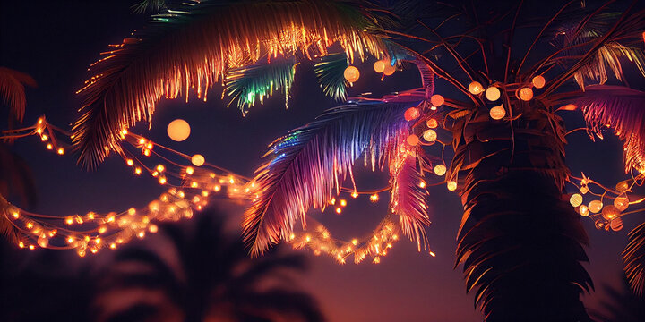 Palm tree adorned with festive fairy lights. Palm leaves decorated with garlands of luminous lights against the sky on a warm southern night, Ai generated image