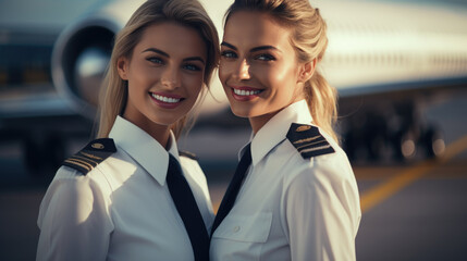 Flight attendants in the background of a passenger airplane.