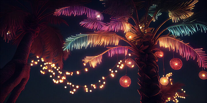 Palm tree adorned with festive fairy lights. Palm leaves decorated with garlands of luminous lights against the sky on a warm southern night, Ai generated image