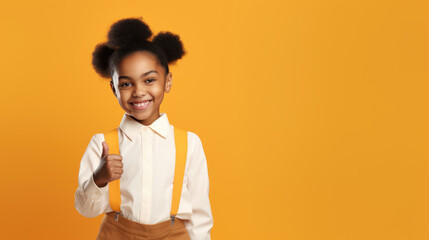 Cheerful happy young small schoolgirl make fingers thumbs up smile isolated on pale orange background.Created with Generative AI technology.