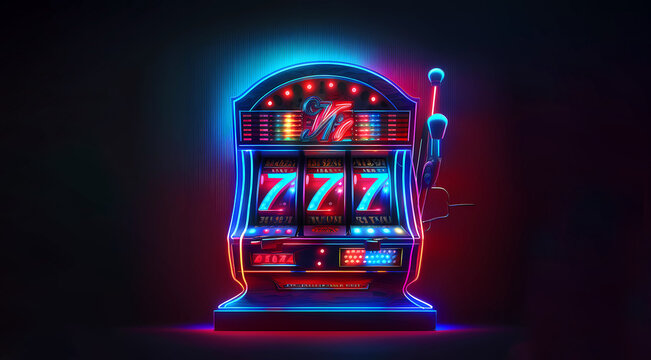 Slot machine on a bright blue background. Gambling machines. Banner. created by AI