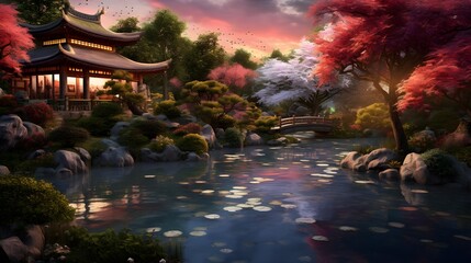 Fototapeta na wymiar Japanese garden with pond and japanese pagoda, panorama