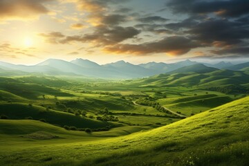 sunrise over the grassy hills Generative AI