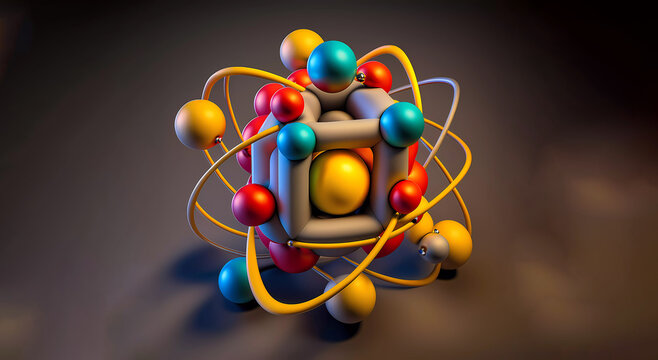 An enlarged model of an atom with a proton nucleus on a neutral abstract background. AI generated