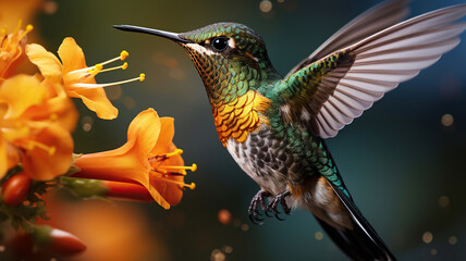 Enchanting Hummingbird Feeding on a Radiant Yellow Flower in Ecuador. Generative AI