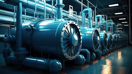 Large industrial boiler room and water treatment facility. blue pumps, shiny stainless metal pipes, and valves. Generative AI - obrazy, fototapety, plakaty