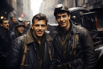 Handsome workers in the 1950s happy to take a picture, street scene.