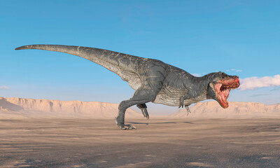 tyrannosaurus is running and ready to bite on sunset desert side view
