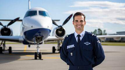 Commercial flight pilot stands in front of a passenger airplane.