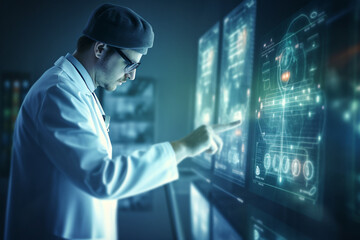 Medicine in Future. Nanotechnology hologram innovation, Digital healthcare and network connection on hologram modern virtual screen interface, medical technology and network concept.