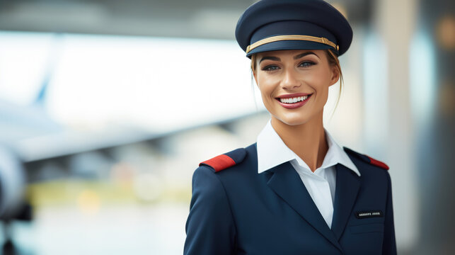 Female pilot in front of airplane.