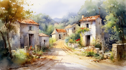 Fototapeta na wymiar Charming village houses watercolor style by AI