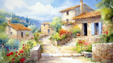 Foto op Plexiglas Charming village houses watercolor style by AI © Daniil