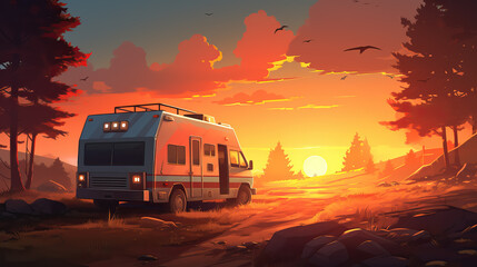The van is parked in the evening digital painting style by AI