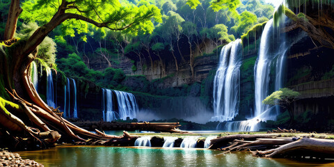 Beautiful big tree and waterfall landscape for background