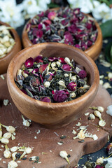 dried rose flowers to dried tea leaves