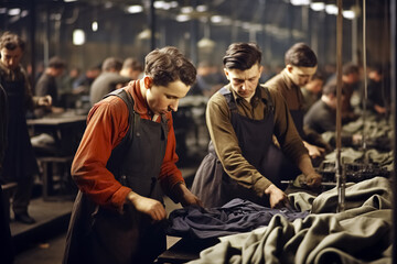 Fototapeta premium London factory workers from the 1940s work in a factory
