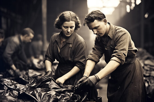 London factory workers from the 1940s work in a factory