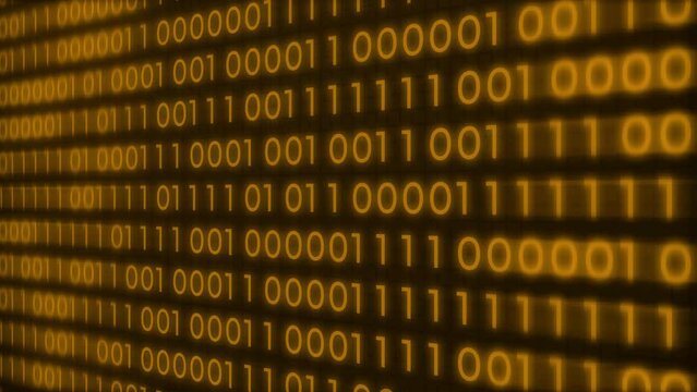 4K orange color binary code computer digits moving on screen, digital string information flow big data rolling. Algorithm binary, data code, decryption and encoding, row matrix orange color.