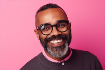 black mid adult man smiling on a pink background