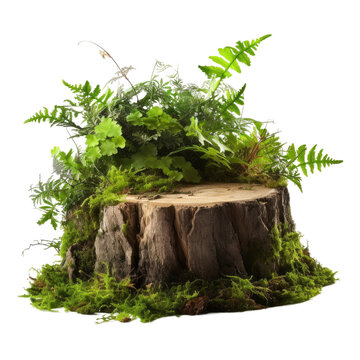 High quality clipping mask of a dead, isolated tree stump surrounded by green foliage.