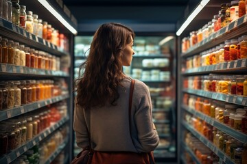 Woman Comparing Products in a Grocery Store. AI