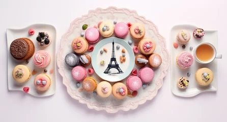 Papier Peint photo Lavable Macarons platos decorados con la torre eiffel y macarons de colores.ilustracion de ia generativa