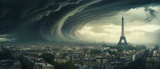 vista aerea de una ficticia paris, durante una tormenta espectacular,ilustracion de ia generativa