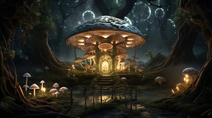  a mushroom house in the middle of a forest at night.  generative ai
