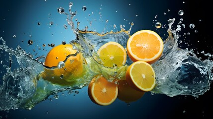 Fototapeta na wymiar Fresh orange and lemon in water splash on blue background. 3d illustration