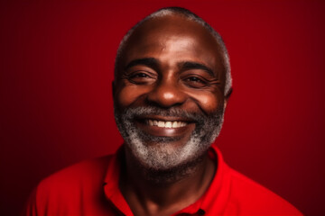 black mature adult man smiling on a red background