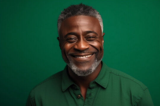 Black Mature Adult Man Smiling On A Green Background