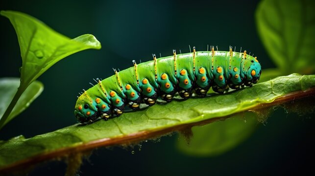  a green and yellow caterpillar sitting on a leaf.  generative ai