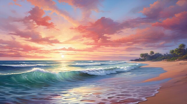  a painting of a sunset over a beach with waves crashing.  generative ai