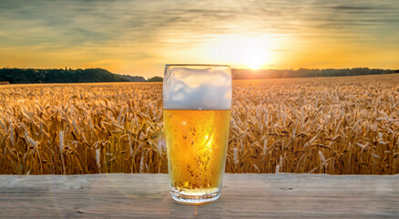 glass of beer on a table in a wheat field