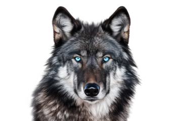 Portrait of Wild wolf focus on face that looking to camera, animal life concept, isolated on clear png background. Generative AI.