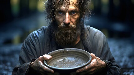 Close-up of a homeless man with an empty plate in his hands begging for food. - obrazy, fototapety, plakaty