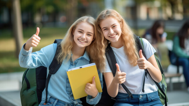Two teenage schoolgirls standing in front of a school building with their thumbs up.Created with Generative AI technology. - Powered by Adobe