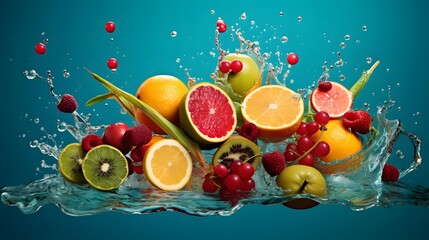 Fruits falling into water with splash on blue background, panorama
