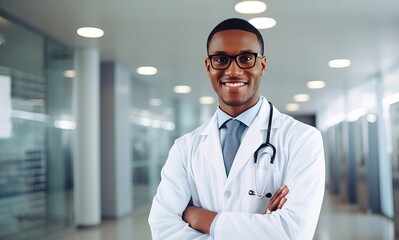 young African American male doctor smiling wearing white lab coat, standing in corridor of new, vibrant ultra modern hospital facility, copy space