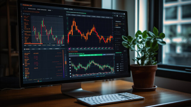 Computer monitor with various trading charts .
