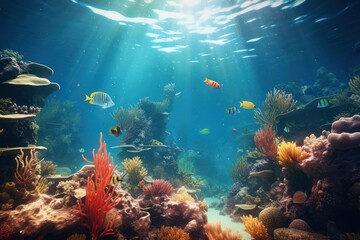 Colorful underwater seascape with fish, corals and sunlight