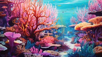 Fototapeta na wymiar a painting of a colorful coral reef with fish and corals. generative ai
