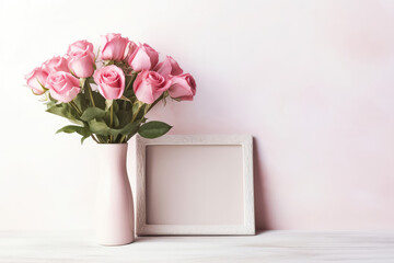 Empty Pastel Pink Color Frame With Red Roses In Vase Next To It On White Background. Generative AI