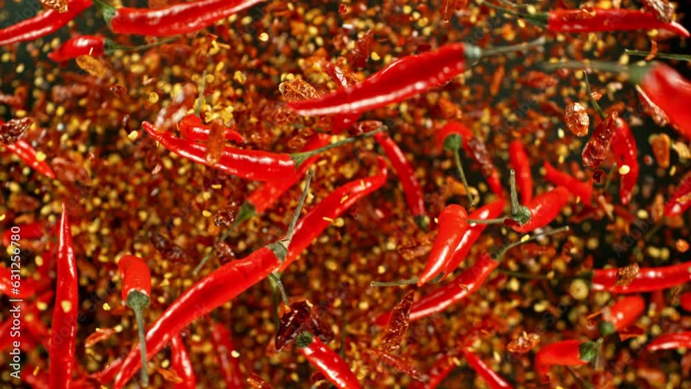 Poster super slow motion of flying and rotating red chilli peppers. filmed on high speed cinema camera, 100