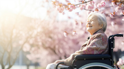 Elderly woman in a wheelchair against a background of cherry blossoms.