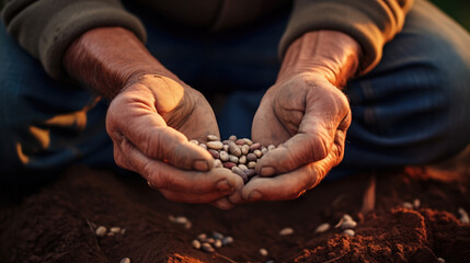 Farmer hand sowing seeds of vegetable on prepared soil. Gardening and Agriculture concept.